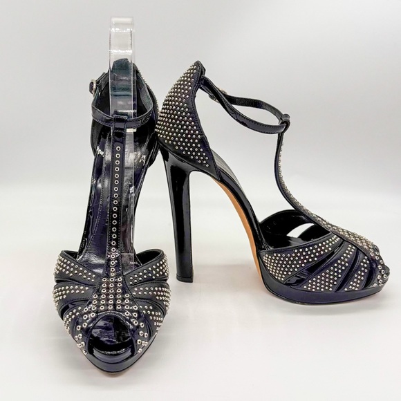 ALEXANDER McQUEEN Black Studded Leather Peep-Toe T-Bar Platform Heel Size: 8.5 - Picture 4 of 5